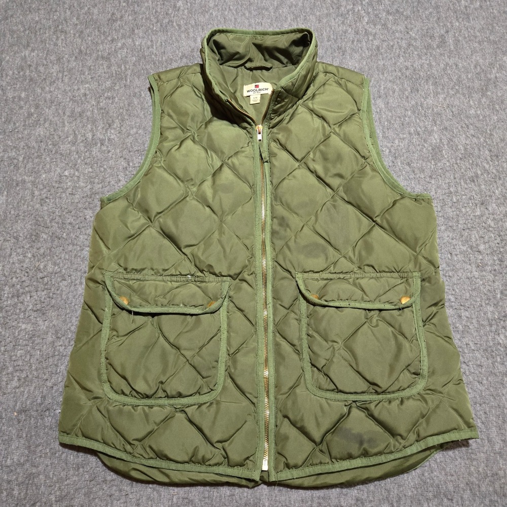 Woolrich Quilted Puffer Vest Womens Large Olive Green Down Fill Full Zip Pockets